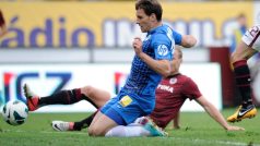 Utkání 26. kola první fotbalové ligy Slovan Liberec - Sparta Praha 4. května v Liberci. Michael Rabušic z Liberce dává první gól.