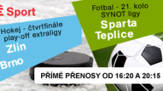 Sobotní sporty: hokej Zlín - Brno a fotbal Sparta - Teplice