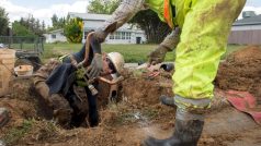 Dělníci instalují měřič vody na řad v kalifornské obci Sacramento