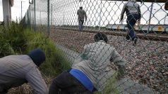 Migranti prolézají nedaleko Calais dírou v plotě. Chtějí se dostat do Eurotunelu z Francie do Velké Británie