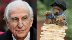 Michael Bond a medvídek Paddington na štosu jeho oblíbených toustů s marmeládou