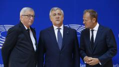 Předseda Evropské komise Juncker, předseda Evropského parlamentu Tajani a předseda Rady Evropy Tusk