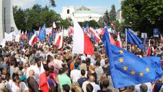 Demonstrace před polským parlamentem proti změnám ve soudnictví, které prosazuje vláda Práva a spravedlnosti