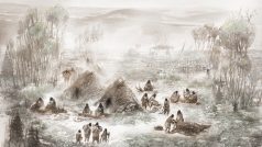 Ilustrace tábora v Upward Sun River, nalezište ostatků.