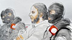 Soudní kresba Salaha Abdeslama v doprovodu eskorty