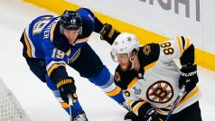 Obránce Jay Bouwmeester ze St. Louis stíhá českého útočníka Davida Pastrňáka