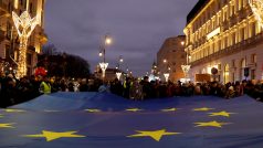 Demonstrující přinesli vlajku Evropské unie.