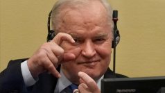 Ratko Mladić v soudní síni 8. 6. 2021. Na přítomné fotografy reagoval gestem imitujícím focení