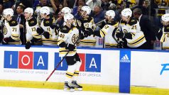 David Krejčí dostává gratulaci po gólu v zápasu Boston Bruins proti Tampa Bay Lightning