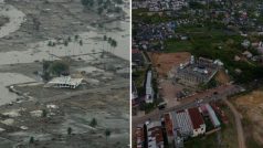 Mešita na srovnávací fotografii v oblasti postižené tsunami na předměstí indonéského města Banda Aceh