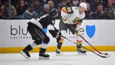 Centr Vegas Golden Knights Tomáš Hertl (48) s obráncem Los Angeles Kings Jordanu Spenceovi (21) během první třetiny v Crypto.com Areně