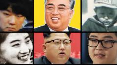 Slunce Koreje Kim Ir-sen (uprostřed) obklopen členy své mocné rodiny. Zleva manželka Kim Čong-suk, syn Kim Čong-il, snacha Song Hje-rim, syn Šura, pravnuk Kim Han-sol, vnuk Kim Čong-un, snacha Ko Jong-hui, vnuk Kim Čong-čchol. Koláž iROZHLAS