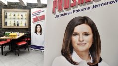 Hejtmanka Středočeského kraje Jaroslava Pokorná Jermanová na plakátu ve volebním štábu hnutí ANO v Praze