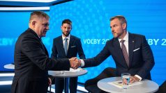 Která dvojice si nakonec ve vládě podá ruku? Zleva Robert Fico, Michal Šimečka a Peter Pellegrini