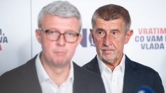 Andrej Babiš a Karel Havlíček na tiskové konferenci ANO