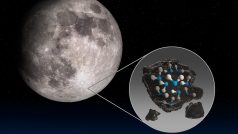 Ilustrace molekul H2O na povrchu Měsíce. Sonda NASA SOFIA potvrdila v roce 2020 existenci vody na povrchu Měsíce osvětleném Sluncem