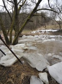 Kvůli rychlému tání se rozvodňují některé menší potoky. Na říčce Balince na Žďársku se ucpalo koryto a voda se rozlila do polí