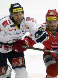 Čtvrtý zápas čtvrtfinále play off hokejové extraligy HC Mountfield České Budějovice - Bílí Tygři Liberec 13. března v Českých Budějovicích. Kapitán Liberce Petr Nedvěd (vlevo) a Aleš Kotalík z Českých Budějovic