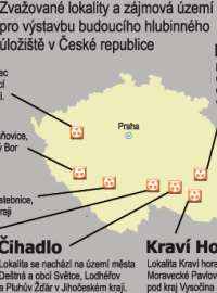 Zvažované lokality a zájmová území pro výstavbu budoucího hlubinného úložiště v České republice