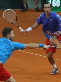 Radek Stepanek, right, and Jan Hajek of Czech Republic in action during a Davis Cup quaterfinal doubles match between Kazakhstan and Czech Republic in Astana