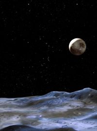 Pohled na Pluto a jeho měsíc Charon z povrchu některého z jeho dalších přirozených satelitů