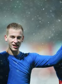 Utkání 15. kola první fotbalové ligy FK Jablonec - Viktoria Plzeň. Autor jediného gólu Jan Baránek z Plzně se raduje z vítězství