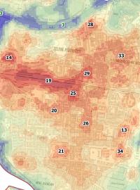 Nejvíc rozpálené je v Pardubicích hlavní nádraží (19) a Hypermarket Albert (14). Příznivé teploty jsou v letních dnech naopak podél řeky Labe (3) nebo v lese u dostihového závodiště (1)