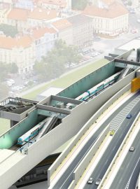 Vizualizace: průřez situací na stanici Hradčanská, kde vedle sebe již je stanice metra a tunel Blanka. Tunel pro vlaky by měl být hned vedle.