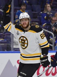 Hokejista Bostonu David Pastrňá slaví gól ve finále Stanley Cupu