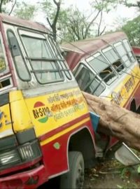 Autobus v Kalkatě poškozený spadlým stromem