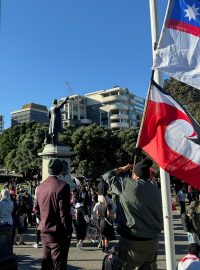 Lidé protestují před novozélandským parlamentem proti politice, kterou považují za diskriminační vůči původním obyvatelům