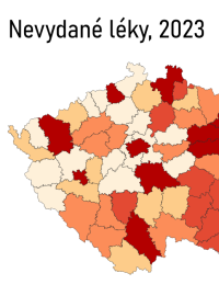 Kolik předepsaných léků si pacienti nevyzvedli? Odstíny červené ukazují místa, kde se léky spíš předepisují, odstíny žluté okresy s vyššími výdeji léků.