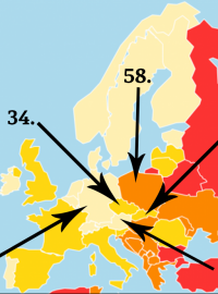 Umístění Česka a sousedních zemí v žebříčku Reportérů bez hranic pro rok 2018.