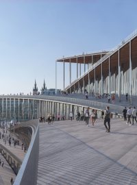 Vizualizace nové budovy filharmonie v Praze od dánského studia Bjarke Ingels Group. Stát má na levém břehu Vltavy v lokalitě Vltavská