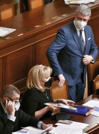 Andrej Babiš, Alena Schillerová a Karel Havlíček na zasedání poslanecké sněmovny