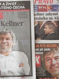 Fotografie a zprávy o úmrtí Petra Kellnera na titulních stranách českých deníků