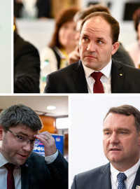 Pět ze sedmi parlamentních stran a hnutí si v úterý zvolilo předsedy svých poslaneckých klubů. SPD povede Radim Fiala (vpravo dole), ODS Zbyněk Stanjura (vlevo nahoře), lidovce Marek Výborný (vpravo nahoře), TOP 09 Jan Jakob a hnutí ANO Alena Schillerová.