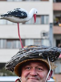 Demonstrant proti Andreji Babišovi s čapím hnízdem na hlavě.