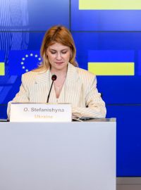 Belgian Foreign Minister Hadja Lahbib (C) speaks next to Deputy Prime Minister for European and Euro-Atlantic Integration of Ukraine Olga Stefanishyna during a press conference after an Intergovernmental Conference focus on the accession of Ukraine during a General Affairs Council to the European Union at the EU Council building in Luxembourg on June 25, 2024.