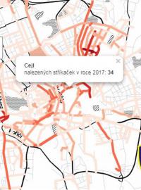 Mapa nalezených injekčních stříkaček v Brně v roce 2017.