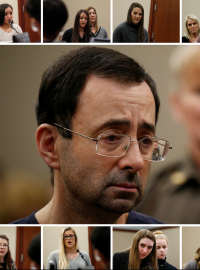 Larry Nassar a několik obětí, které proti němu vystoupily před michiganským soudem.