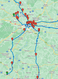 Mapa vyznačující trasy, kterými přijede část zemědělců na protest do Prahy