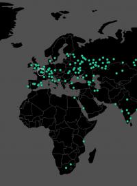 Mapa znázorňující místa, která zasáhl hackerský útok.