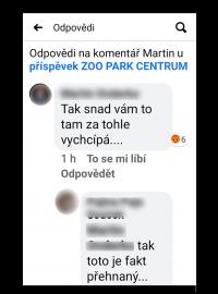 Ukázka jednoho z komentářů, které se objevily pod příspěvkem Zoo Park Centrum na facebooku.