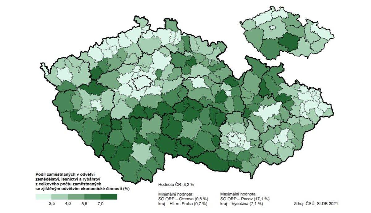 Sektor zemědělství či lesnictví je ve středních Čechách nejvýraznější na jihovýchodě kraje | Zdroj: ČSÚ