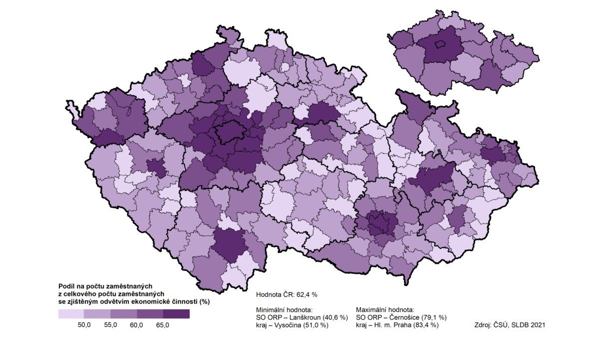 V sektoru služeb a znalostní ekonomice pracuje ve středních Čecháh především okolí Prahy | Zdroj: ČSÚ