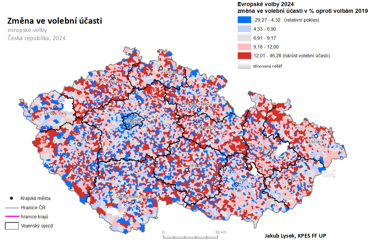V červených oblastech se volební účast oproti eurovolbám 2019 zvýšila, v modrých snížila | Foto: Jakub Lysek, KPES FF UP