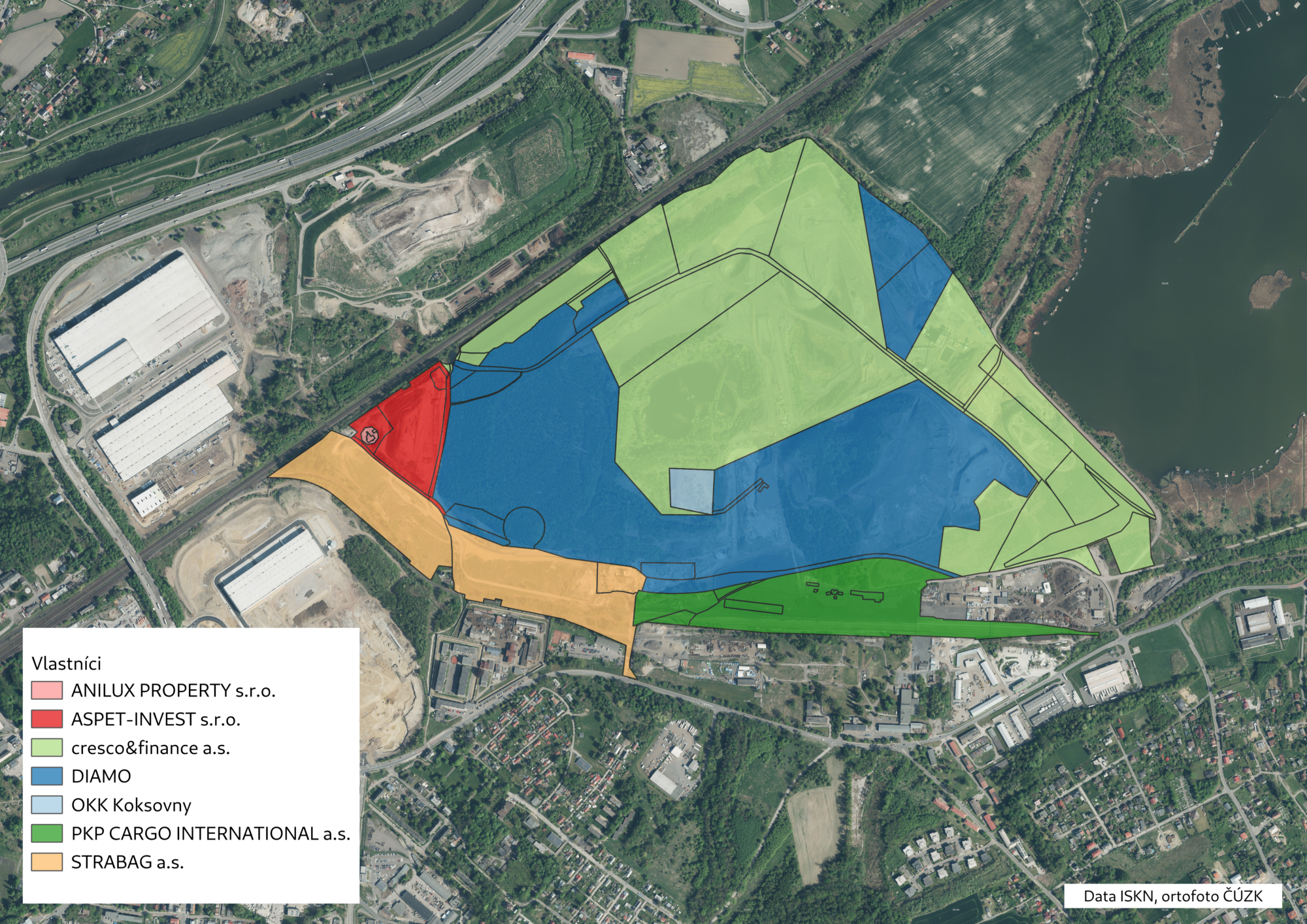 Mapa majetkových vztahů pod haldou Heřmanice. Klíčové jsou pozemky státního podniku Diamo, který vlastní většinu odvalu, a firmy cresco&finance, jejíž součástí jsou i laguny a třídící linka. Pozemek OKK Koksovny představuje skládku toxického materiálu | Foto: Jan Cibulka, ČÚZK | Zdroj: Český rozhlas