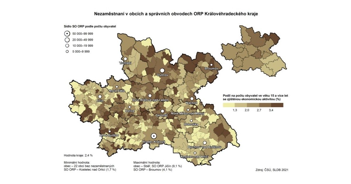 Nezaměstnanost v Královéhradeckém kraji, nejnižší je na jihovýchodě | Zdroj: ČSÚ