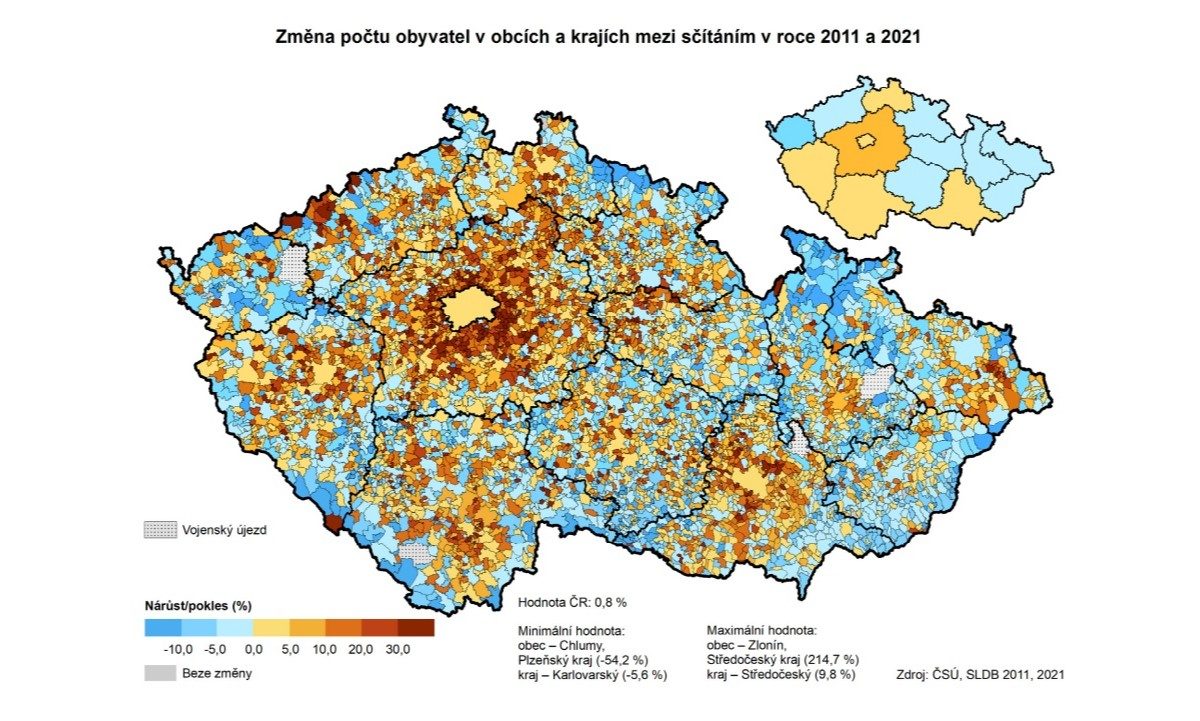 Na mapě Vysočiny je jasně vidět vylidňující se pohraniční části kraje | Zdroj: ČSÚ